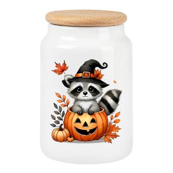 Halloween raccoon in pumpkin: Sweet scary fun - Cookie Jar with Wooden Lid - white - Front