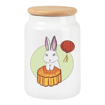 Gâteau de lune Lapin - Boîte à biscuits avec couvercle en bois - blanc - Devant