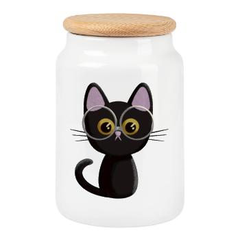 Black cat - Cookie Jar with Wooden Lid - white - Front