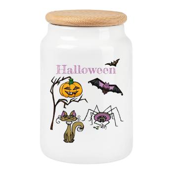 Conception de citrouille et de chauve-souris d’Halloween - Boîte à biscuits avec couvercle en bois - blanc - Devant