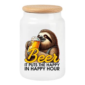 Happy Hour Beer Sloth Gift - Cookie Jar with Wooden Lid - white - Front