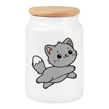 Cat - Cookie Jar with Wooden Lid - white - Front