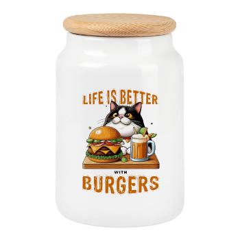 Life is better with Burgers - fat cat - Keksdose mit Holzdeckel - Weiß - Vorne