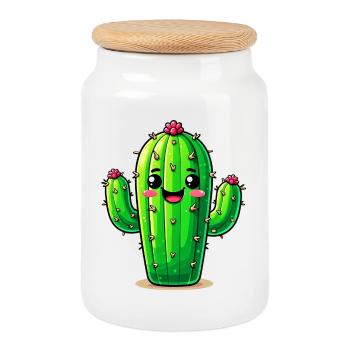 Cactus - Cookie Jar with Wooden Lid - white - Front