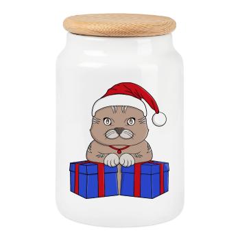 Mignon chat Père Noël - Boîte à biscuits avec couvercle en bois - blanc - Devant