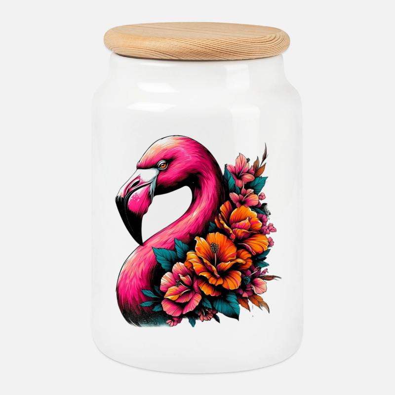 Flamingo - Keksdose mit Holzdeckel - Weiß