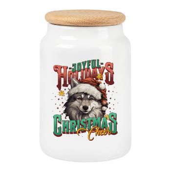 Christmas Wolf - Cookie Jar with Wooden Lid - white - Front