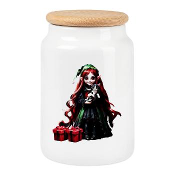 Lutin de Noël avec chaton. - Boîte à biscuits avec couvercle en bois - blanc - Devant