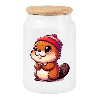 Beaver - Cookie Jar with Wooden Lid - white - Front