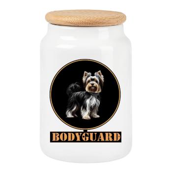 Yorkshire Terrier : Guard Dog in Gold Ring - Cookie Jar with Wooden Lid - white - Front