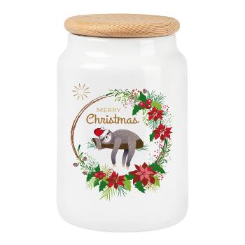 Sloth wishes Merry Christmas - Cookie Jar with Wooden Lid - white - Front