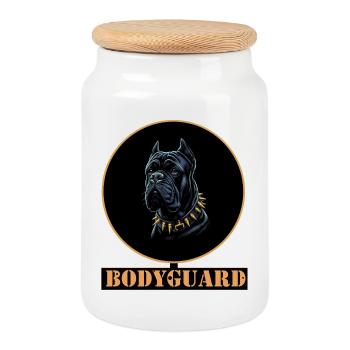 Bullmastiff Chien avec Collier à Pointes - noir - Boîte à biscuits avec couvercle en bois - blanc - Devant