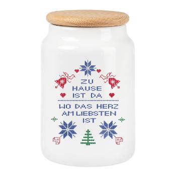 Family, Christmas - Cookie Jar with Wooden Lid - white - Front