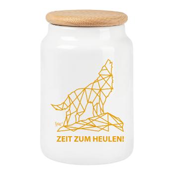 Bronko55 No.77 – Wolf „Zeit zum Heulen“ - Keksdose mit Holzdeckel - Weiß - Vorne