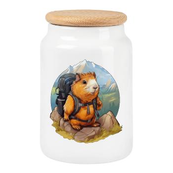 Guinea Pig Hiking / Mountaineering Guinea Pig - Cookie Jar with Wooden Lid - white - Front