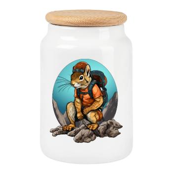 Squirrel Mountaineer / Hiking Squirrel - Cookie Jar with Wooden Lid - white - Front