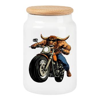 Bulls Motorcycle / Motorcyclist Taurus - Cookie Jar with Wooden Lid - white - Front