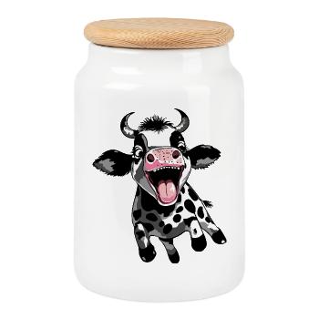 Springendes Kälbchen - Lustiges Kuh Kalb Design - Keksdose mit Holzdeckel - Weiß - Vorne