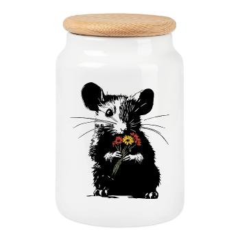 Maus mit bunten Blumenstrauß - Stencil Love - Keksdose mit Holzdeckel - Weiß - Vorne