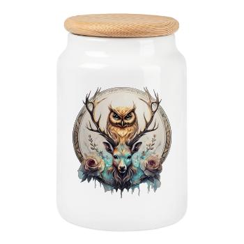 Owl and deer, a mystical alliance. - Cookie Jar with Wooden Lid - white - Front