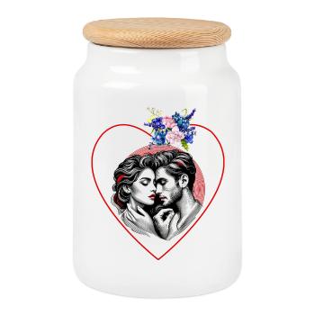 Heart duo in flower frame - Cookie Jar with Wooden Lid - white - Front