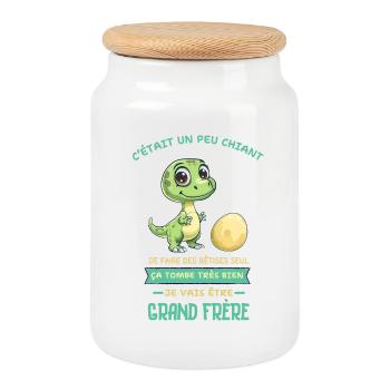 Dino mignon, Grand frère arrive - Boîte à biscuits avec couvercle en bois - blanc - Devant