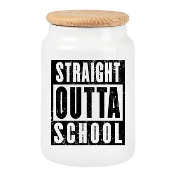 Straight Outta School Shirt, Abschluss, Matura - Keksdose mit Holzdeckel - Weiß - Vorne