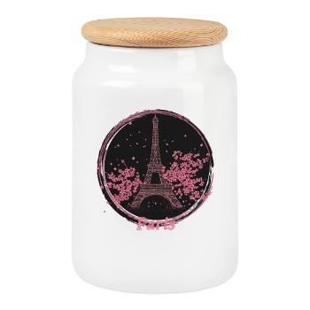 Paris Pink Blossom Emblem - Cookie Jar with Wooden Lid - white - Front