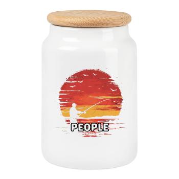 Silhouette du pêcheur au coucher de soleil - Boîte à biscuits avec couvercle en bois - blanc - Devant