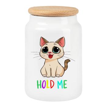 Chat de dessin animé mignon « Hold Me » - Funny Kawaii Pet Desi - Boîte à biscuits avec couvercle en bois - blanc - Devant