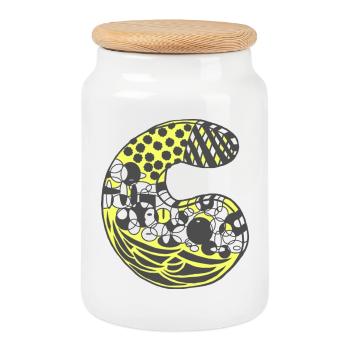 Lettre C avec caractère en jaune - Boîte à biscuits avec couvercle en bois - blanc - Devant