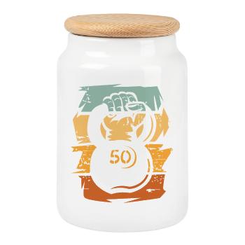 kettlebell rétro strongman - Kraftport Fitness - Boîte à biscuits avec couvercle en bois - blanc - Devant