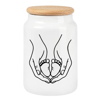Logo Hands Holding Baby Feet - Cookie Jar with Wooden Lid - white - Front