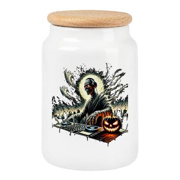 Crâne de DJ d’Halloween avec citrouille - Boîte à biscuits avec couvercle en bois - blanc - Devant