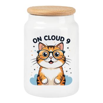 Cute cat illustration with glasses - Cookie Jar with Wooden Lid - white - Front