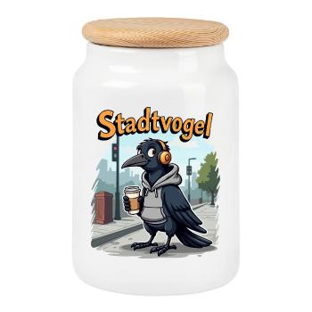 City Bird – The Most Chill Crow in the City - Cookie Jar with Wooden Lid - white - Front