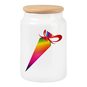 Colorful school cone with red ribbon - Cookie Jar with Wooden Lid - white - Front