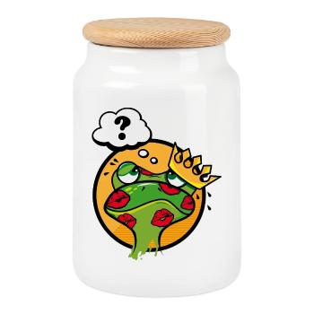 Grenouille embrassée avec couronne et point d’interrogation - Boîte à biscuits avec couvercle en bois - blanc - Devant