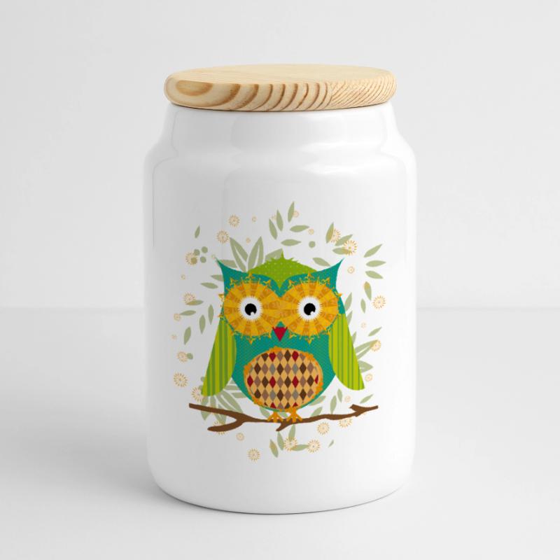 kunstvoll gestaltete Eule mit Patchwork-Muster Keksdose mit Holzdeckel