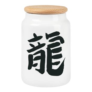 Dragon (Chinese) Zodiac Calligraphy - Cookie Jar with Wooden Lid - white - Front