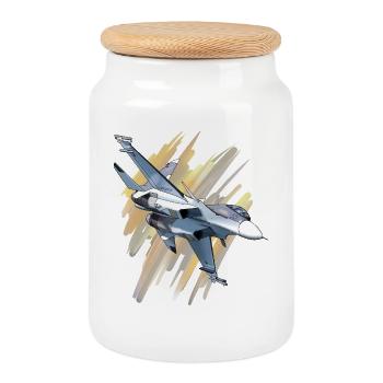 Avion de chasse au design dynamique - Boîte à biscuits avec couvercle en bois - blanc - Devant