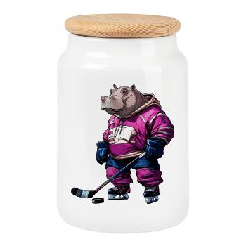 Nilpferde Eishockey - Keksdose mit Holzdeckel - Weiß - Vorne