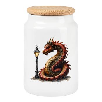 Steampunk Drache mit Laterne - Keksdose mit Holzdeckel - Weiß - Vorne