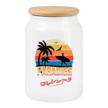 Plage vacances coucher de soleil illustration - Boîte à biscuits avec couvercle en bois - blanc - Devant