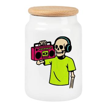 Neon Skeleton with Boombox – Retro Hip-Hop Vibes - Cookie Jar with Wooden Lid - white - Front