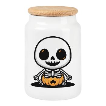 Skeleton Cute Halloween - Cookie Jar with Wooden Lid - white - Front