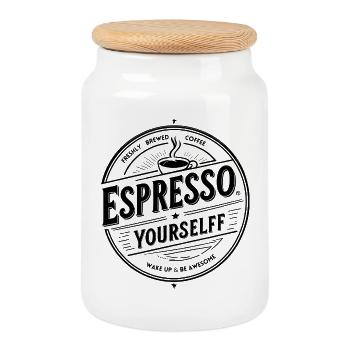 Espresso Yourself – Badge de café vintage, noir - Boîte à biscuits avec couvercle en bois - blanc - Devant