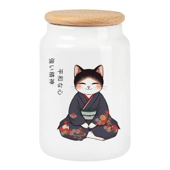 Anime Katze im Kimono – Zen Meditation Japan - Keksdose mit Holzdeckel - Weiß - Vorne