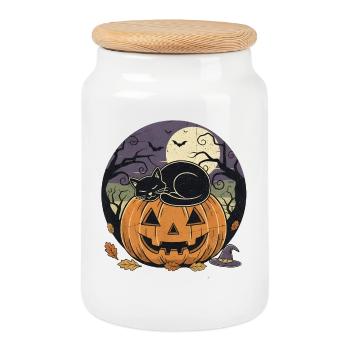 Black Cat Sleeping on Jack-o Lantern | Halloween  - Cookie Jar with Wooden Lid - white - Front