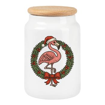 Festive Flamingo with Holiday Wreath - Cookie Jar with Wooden Lid - white - Front